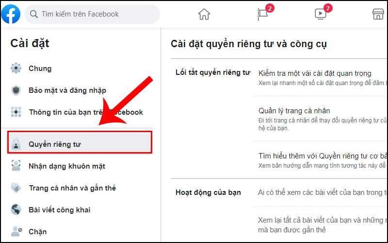 Chọn mục Quyền riêng tư